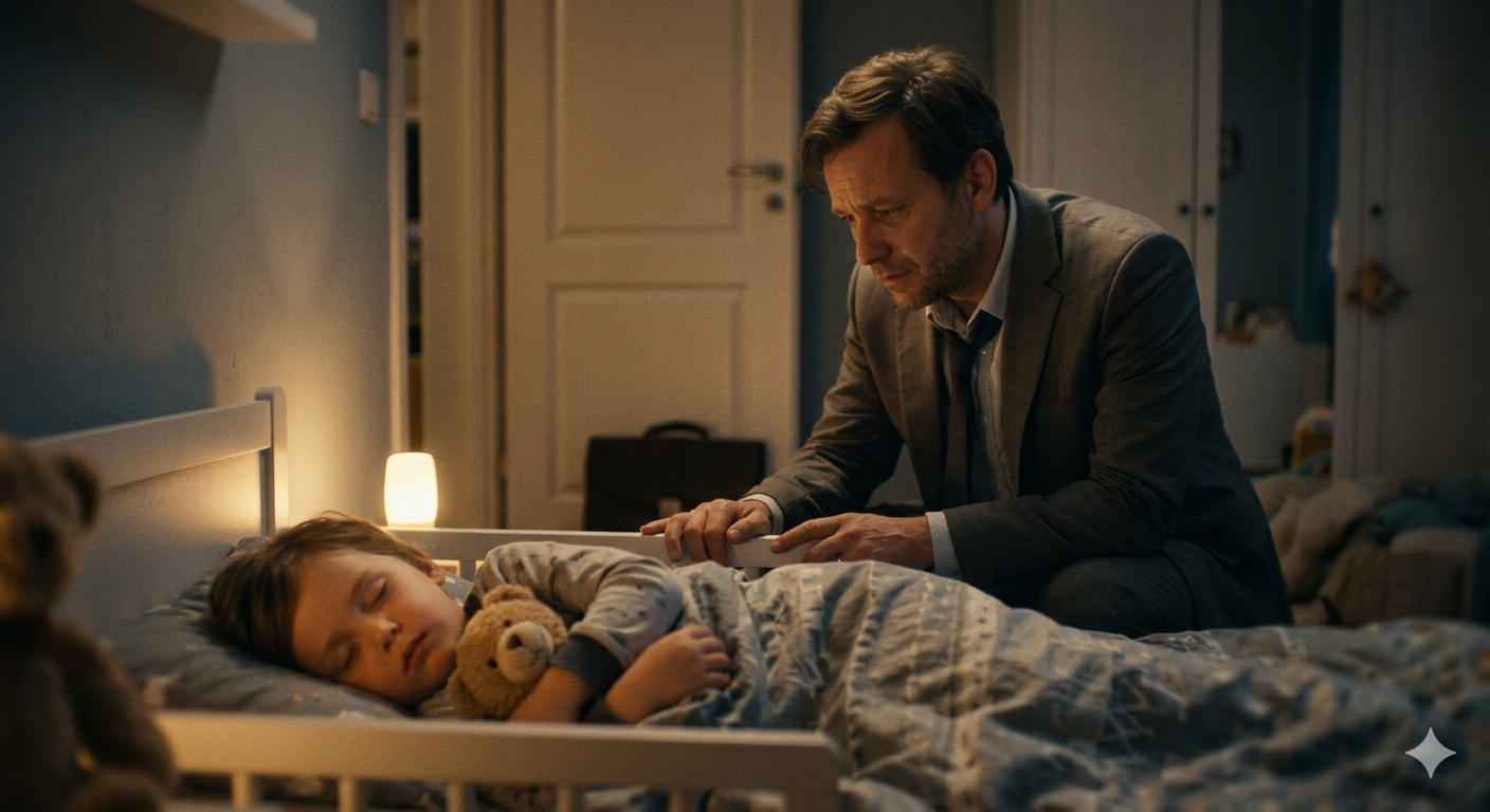 Un parent en costume de travail, agenouillé avec émotion près du lit de son jeune enfant qui dort, illustrant le dilemme entre carrière et présence familiale.