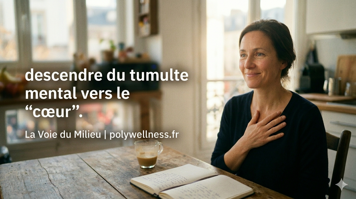 Portrait d'une femme sereine souriante avec la main sur le cœur dans une cuisine lumineuse, texte "descendre du tumulte mental vers le cœur"