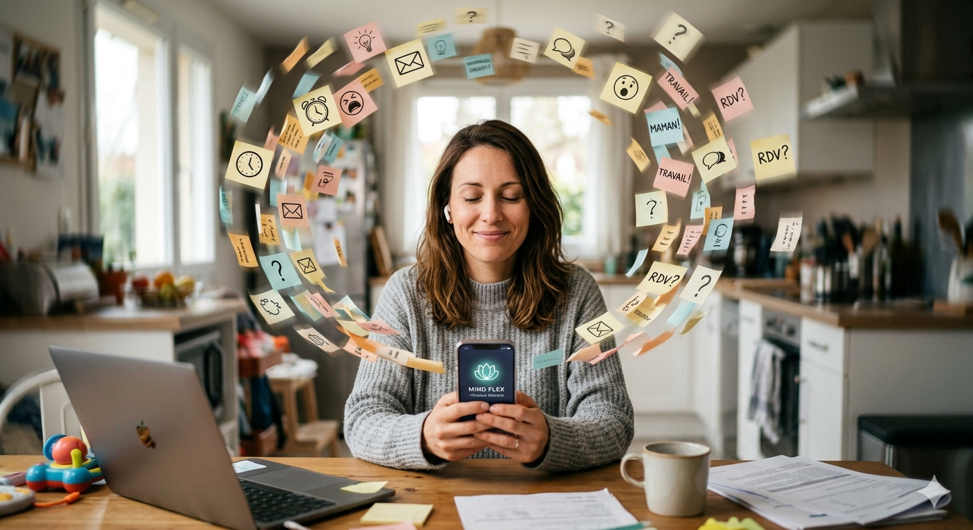 Femme stressée en cuisine entourée d'un tourbillon de post-its et de pensées envahissantes trouvant le calme avec ses écouteurs et le programme Mind Flex.
